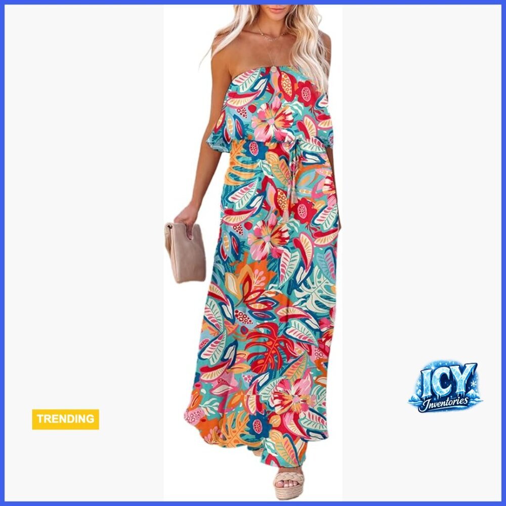 Polyester Strapless Maxi Dress with High Waist and Side Slit